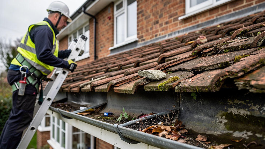 Surveyor inspecting a UK residential property roof for defects and damage