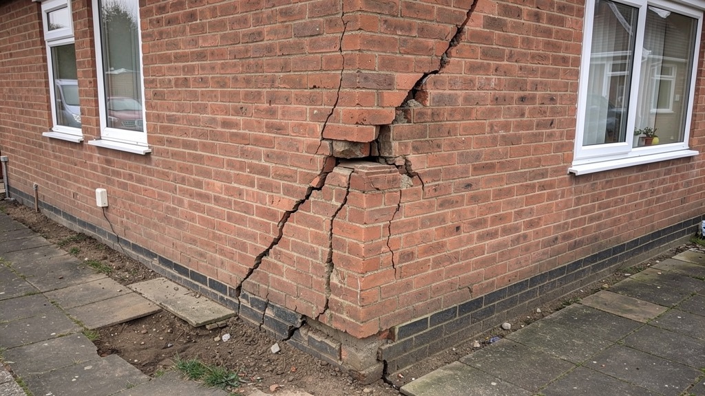 Diagonal subsidence crack in the external brick wall of a UK residential property