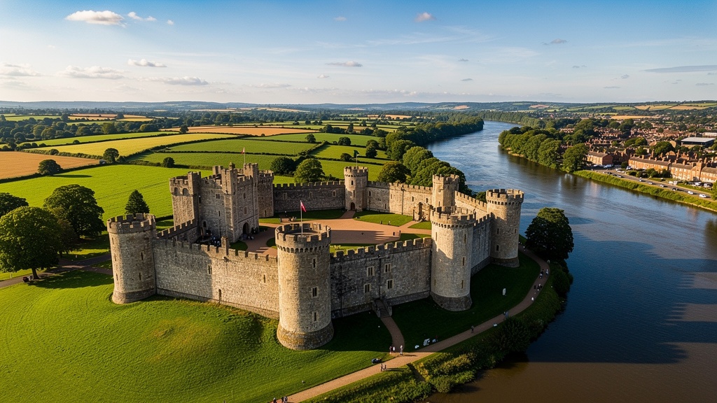 Warwickshire countryside with Warwick Castle in view — surveying in Warwickshire