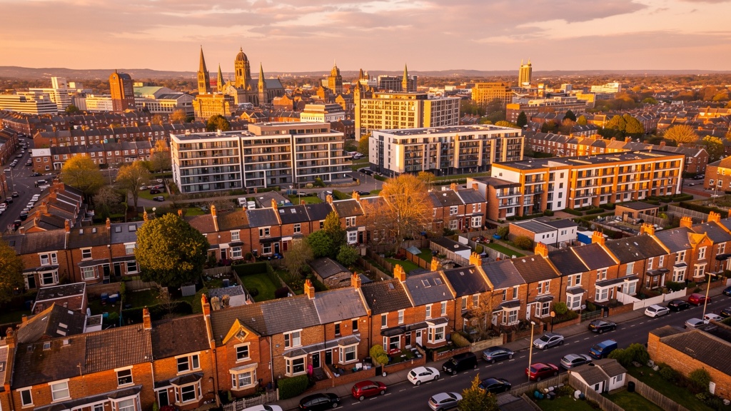 Aerial view of Coventry residential neighbourhoods covered by our chartered surveyor team